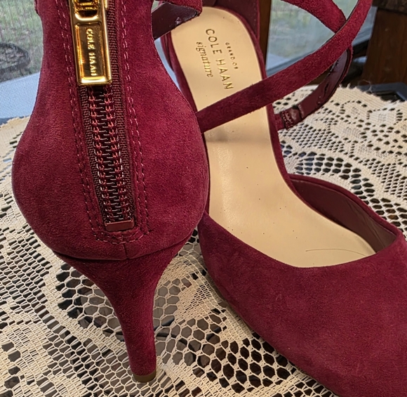 Cole Haan Shoes - Cole Haan Juliana Burgandy Suede Strappy Pointed Toe Pumps Gold Details size 6B